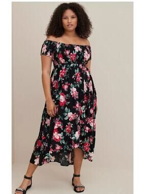 Torrid Floral Off Shoulder Hi-Low Maxi Dress Plus Size 5X Black Boho Challis